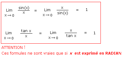 Formules de trigonométrie pour calculer la limite d'une fonction sin x, cos x ou tanx en levant l'indétermination par un artifice de calcul